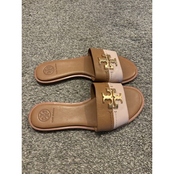 Tory Burch Everly Calf Leather Slide Size 6 Tan Pink Logo Sandals - Picture 2 of 7